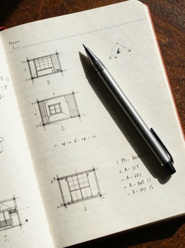 Overhead close-up of an open engineering notebook filled with architecture diagrams and handwritten data schema notes, a mechanical pencil resting diagonally across the page, flat north-facing daylight, no shadows