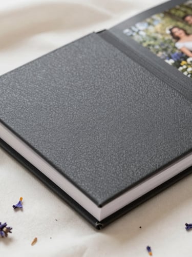 Close-up of a beautifully designed wedding photo album with a textured charcoal cover, resting on a soft cream fabric with a few lavender petals scattered around.
