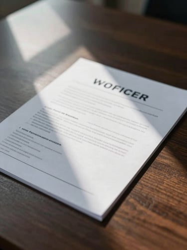 Close-up of physical corporate documents on a dark wood table, sharp geometric shadows from cool window light, clean and authoritative.