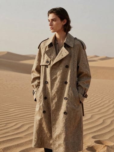 A model in a structured linen trench coat standing in a minimalist desert landscape, soft diffused side-window daylight, rich desaturated tones, 35mm