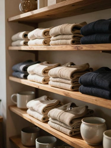 An elegant display of folded knitwear and ceramics on a raw wood shelf in a sunlit boutique corner, soft side light, 35mm