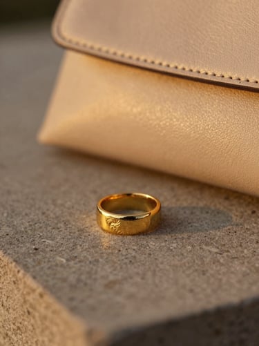 Close-up of a hand-carved gold ring and a minimalist leather bag on a textured stone surface, warm golden-hour light, shallow depth of field