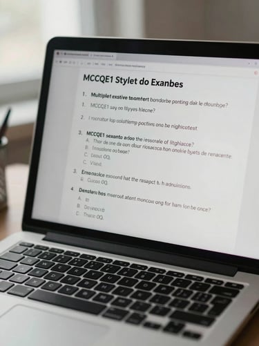 Overhead close-up of a laptop screen displaying a multiple-choice MCCQE1-style exam question with four answer options, soft overcast daylight from the left, clinical study desk setting, no visible text legible