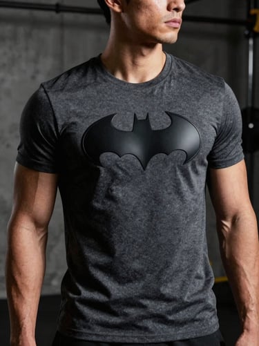 Athletic male model wearing a charcoal t-shirt with a matte black Batman emblem in high-relief, dramatic side lighting in a dark concrete gym setting, 35mm photography
