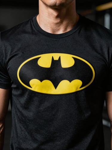 Athletic male model in a dark gym wearing a black t-shirt with a vibrant yellow and black Batman emblem in high-relief, high-contrast lighting, sharp macro detail