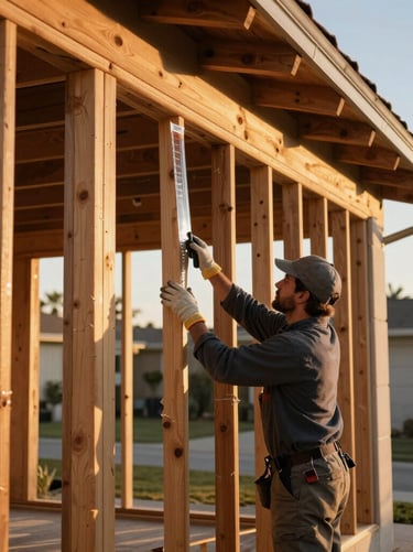 A professional technician applying clear fire-retardant treatment to the exterior wood framing of a Southern California home, warm golden-hour light, 35mm.