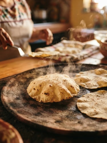Close-up of fresh corn tortillas inflating on a hot clay comal, warm afternoon light, steam rising, shallow depth of field, 35mm