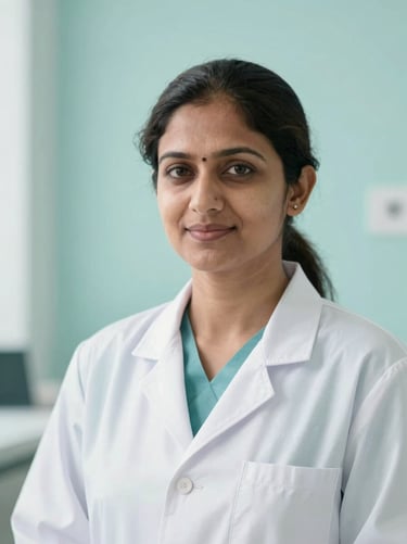 Professional headshot of a reassuring Indian female gynecologist in a white coat, clean bright medical setting, soft teal background, 35mm