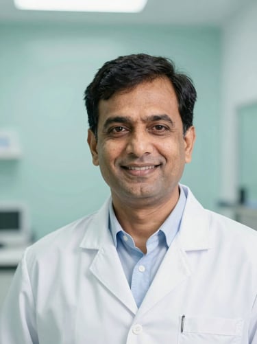 Professional headshot of a friendly middle-aged Indian male cardiologist in a clean white coat, bright clinical studio lighting, soft teal background, 35mm