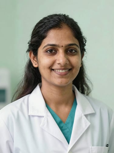Professional headshot of a friendly Indian female pediatrician in a white coat, warm clinical lighting, soft light green background, 35mm