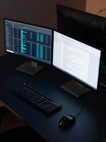 Wide overhead shot of a developer workstation under cool screen glow, two monitors displaying a transaction settlement dashboard with cyan latency metrics and a REST API response window, dark navy desk surface, no warm light