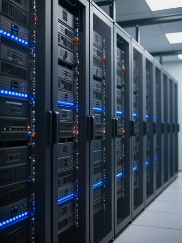 Abstract wide shot of server rack infrastructure in a dark data center corridor, cool blue LED ambient lighting, no warm tones, depth of field blurring the far racks, highly technical environment