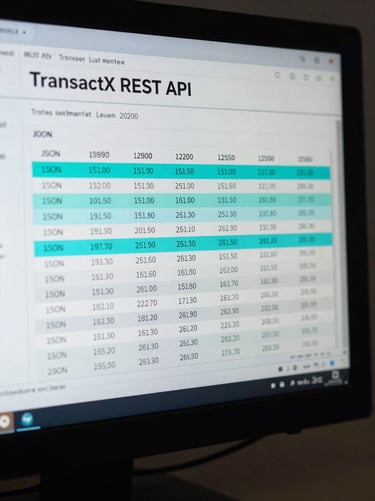 Close-up of a terminal window on a dark monitor showing a TransactX REST API JSON response with settlement timestamps and latency fields highlighted in electric cyan, cool studio strobe lighting, tight crop on the screen surface