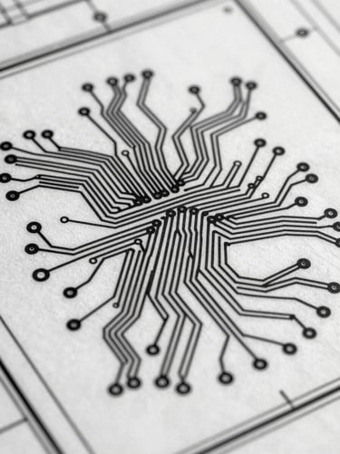 Extreme close-up of a high-contrast black and white technical blueprint showing micro-circuit traces, clean lines, architectural precision