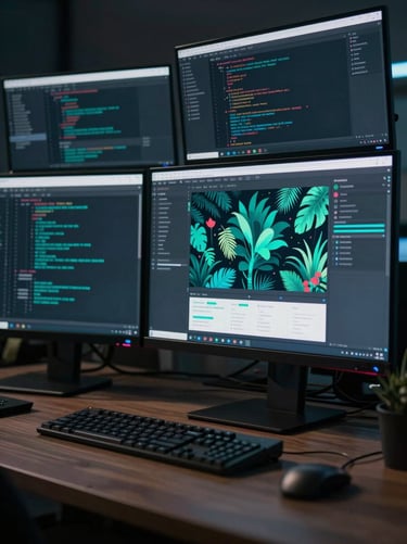 A wide shot of a multi-monitor setup in a dark room. The screens display complex code and a final rendered dashboard with vibrant Tropical Teal data visualizations. Professional, creative workspace vibe.
