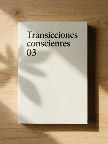 A minimalist book cover on a warm wooden surface, titled 'Transiciones conscientes', with soft morning sunlight filtering through leaves.