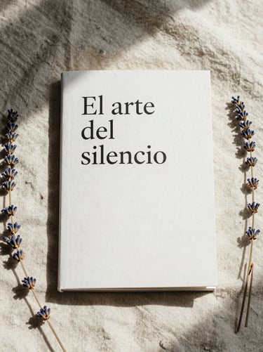 A beautiful minimalist book cover resting on a linen sheet, titled 'El arte del silencio', surrounded by dried lavender and soft shadows.