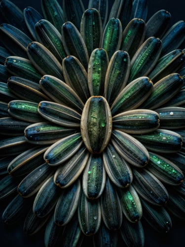Extreme macro shot of a single sunflower seed pattern, sacred geometry, crisp morning light, deep forest green tones, 35mm