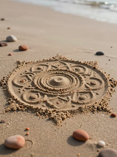 A detail shot of a sand art mandala featuring intricate circles, shot in cinematic shallow depth of field on a beach with soft sand and small terracotta pebbles.