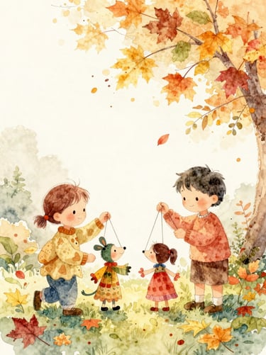 Whimsical watercolor sketch of children making puppets out of colorful autumn leaves