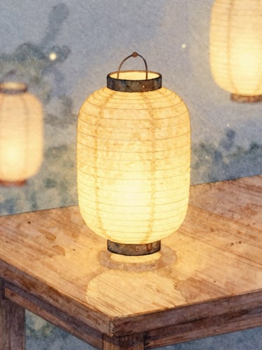 Whimsical watercolor illustration of cozy paper lanterns glowing softly on a wooden table