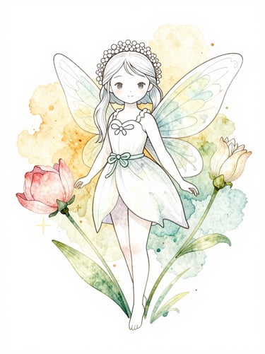 Whimsical watercolor outline of a seasonal flower fairy, soft focus, ready for coloring