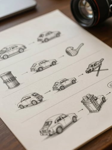 A professional macro photograph of a storyboard sequence laid out on an ivory paper surface. The sketches are precise and professional, captured with a shallow depth of field in a North American creative office with soft, cinematic lighting.