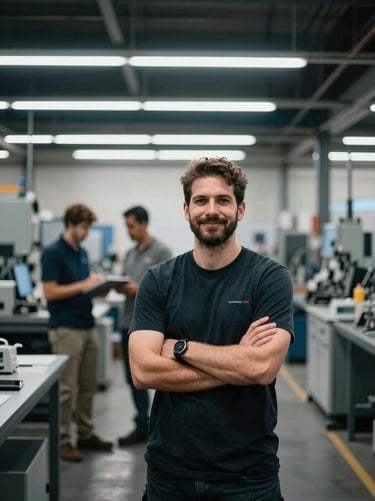 Candid portrait of a local business owner in a modern manufacturing workshop in Indiana, active collaboration in background, high contrast.