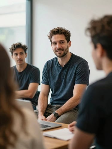 Candid portrait of a male startup coach mentoring in a collaborative space, warm natural light, 35mm