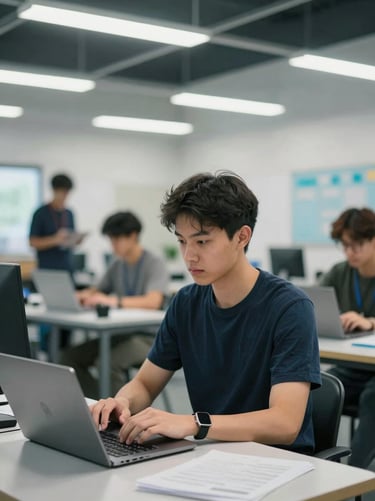 Candid portrait of a young professional working on a laptop in a brightly lit Indiana technical training workshop, modern workspace background, 35mm.