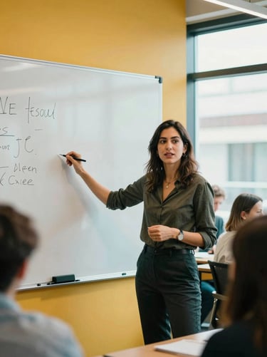 Candid portrait of a female founder presenting on a whiteboard in a vibrant startup hub, warm natural light with subtle cool cyan accents, 35mm.