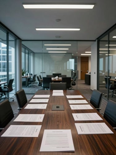 Wide-angle view of a glass-walled boardroom in a London financial district, deal documents spread across a dark oak table under cool institutional overhead lighting, empty chairs suggesting a meeting about to begin