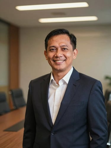 Candid portrait of an Indonesian male executive in a tailored suit, smiling warmly in a modern boardroom, soft ambient light.