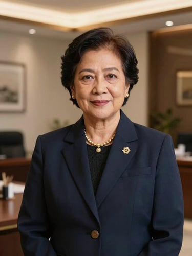 Candid portrait of a distinguished senior female Indonesian corporate leader, warm lighting, elegant office background, shallow depth of field.