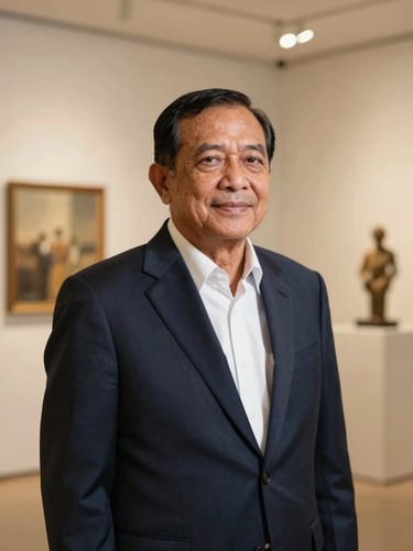 Portrait of a senior Indonesian business leader in a modern gallery space, natural side lighting, professional and prestigious.