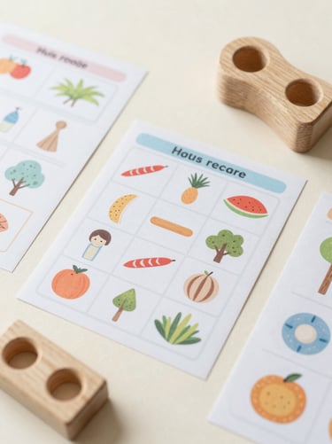Overhead flat-lay of printed educational activities and wooden toys on a light cream surface, soft morning daylight