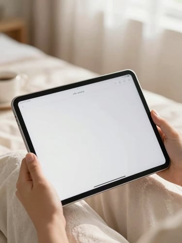Hands holding an open tablet displaying a clean minimalist layout, cozy reading corner with soft morning daylight
