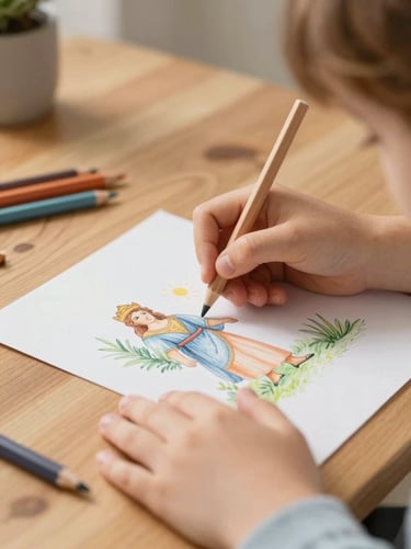 A child's hands coloring a beautiful biblical illustration with colored pencils, soft natural light, warm wooden table