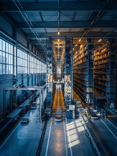 Crisp morning sun shining through the windows of a high-tech automated warehouse with high-bay shelving, cool-toned blue and gold lighting