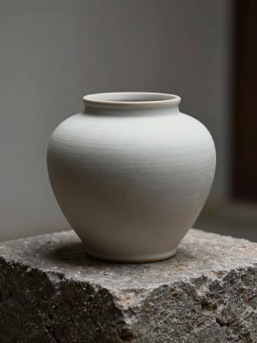 A minimalist ceramic jar with a matte finish, resting on a rough stone block, soft diffused light
