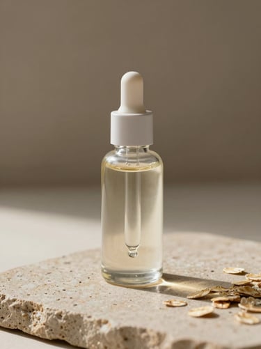 A minimalist glass dropper bottle containing clear botanical serum, casting a soft shadow on oatmeal-colored stone, portrait aspect.