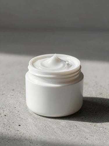 A minimalist white ceramic jar of face cream on a raw concrete surface, soft morning light, portrait aspect.