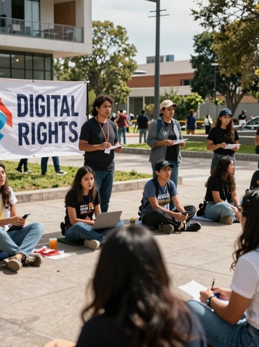 An outdoor community tech activism event in a modern Mexican / Latin American park. A banner about digital rights protection is visible. The scene is bright and optimistic under natural sunlight, highlighting local community participation.
