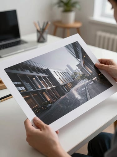 Photography of a creative professional's hands holding a high-quality portfolio print of a 3D render in a bright, airy North American / US studio. The print shows an architectural concept with deep charcoal shadows and silver highlights.