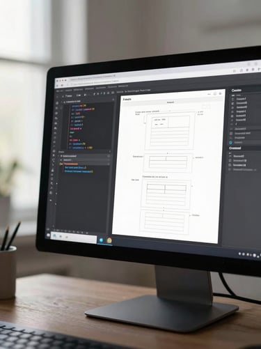 Medium shot of a monitor showing a clean website code editor alongside a wireframe layout, soft diffused daylight from the left, no people visible