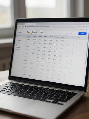 Close-up of a laptop screen displaying a live Google Ads campaign dashboard with cost-per-click columns and conversion rows, overcast window light, no people