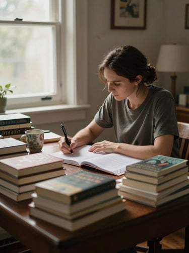 Environmental wide shot of a resident in her room, seated at a desk surrounded by stacked novels and a ceramic mug, absorbed in writing, indirect north-facing window light falling across her hands and the page, warm muted tones, documentary framing