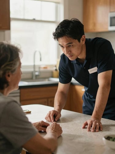 Close documentary shot of a staff member leaning toward a resident at a kitchen table, both looking at something on the table together, mid-conversation, hands visible, warm indirect window light, candid framing, no eye contact with camera