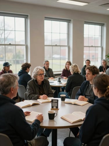 Close environmental shot of a common room book club in session — residents at a round table with open books and coffee cups, animated mid-conversation, afternoon natural light through tall windows, documentary style, no posed expressions