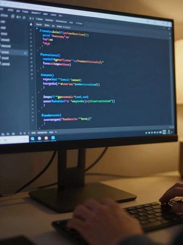 Focused developer working on code in natural light, macro shot of screen, deep blue and gold ambient tones